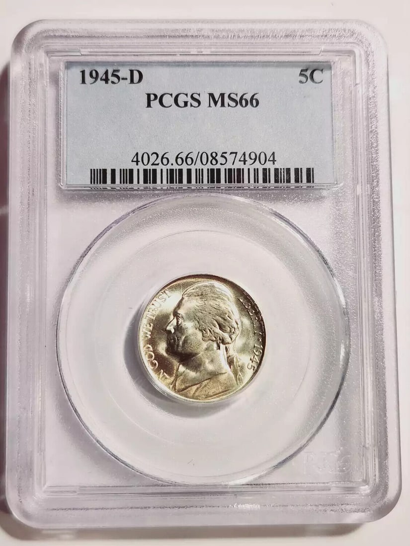 1945 D Nickel Jefferson PCGS MS-66: 1945 D Nickel Jefferson PCGS MS-66 Certification: PCGS Composition: Nickel Grade: MS 66 Year: 1945 Circulated/Uncirculated: Uncirculated Mint Location: Denver Km Number: Unknown Certification Number: 