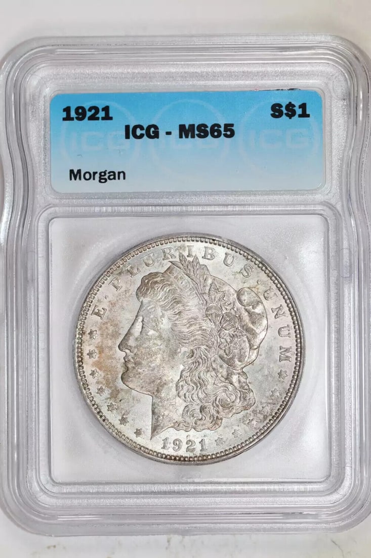 1921 MORGAN DOLLAR ICG MS65: 1921 MORGAN DOLLAR ICG MS65 Certification: ICG Composition: Silver Grade: MS 65 Year: 1921 Circulated/Uncirculated: Uncirculated Km Number: Unknown Certification Number: 1304290145 Denomination: Dolla