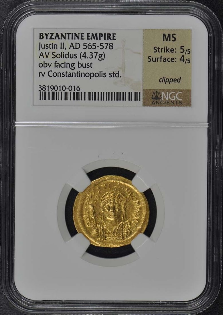 Justin II AD 565-578 BYZANTINE EMPIRE AV Solidus NGC MS60: Justin II AD 565-578 BYZANTINE EMPIRE AV Solidus NGC MS60 Certification: NGC Certification Number: 3819010016 Grade: MS60 Pre-Owned The MYNT Guarantee: All items in this auction are guaranteed to be 1