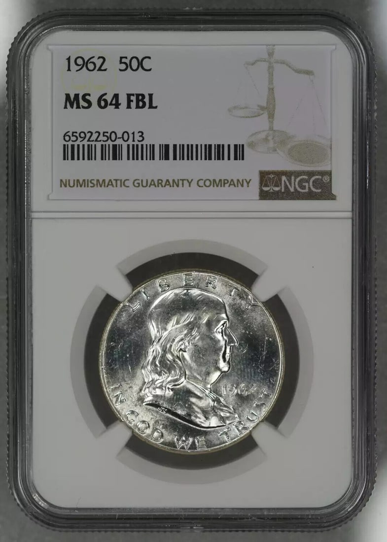 1962 FRANKLIN HALF DOLLAR 50C NGC MS 64 FBL MINT UNC - FULL BELL LINES (013): 1962 FRANKLIN HALF DOLLAR 50C NGC MS 64 FBL MINT UNC - FULL BELL LINES (013)Certification: NGCComposition: SilverGrade: MS 64Year: 1962Circulated/Uncirculated: UncirculatedMint Location: PHILADELPHIAK