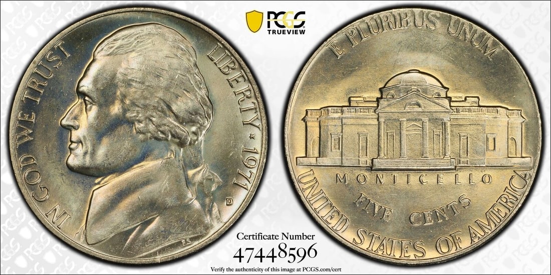 1971 D JEFFERSON NICKEL 5C PCGS CERTIFIED MS 66 FS MINT UNC - FULL STEPS (596): 1971 D JEFFERSON NICKEL 5C PCGS CERTIFIED MS 66 FS MINT UNC - FULL STEPS (596)Certification: PCGSComposition: NickelGrade: MS 66Year: 1971Circulated/Uncirculated: UncirculatedMint Location: DENVERKm N