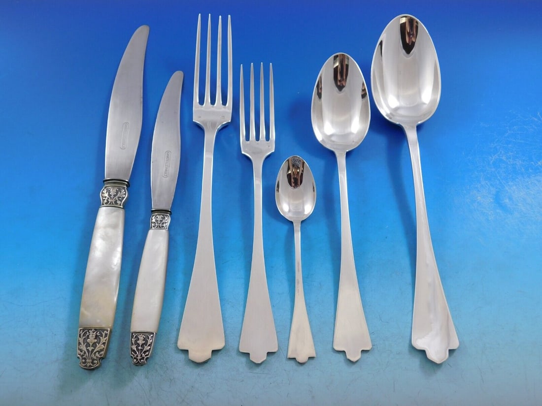 Arts & Crafts by Albert & Andre Calle French 950 Silver Flatware Set Service: Arts & Crafts by Albert & Andre Calle French 950 Silver Flatware Set Service Pattern: Arts and Crafts Type: Flatware - Sets Composition: 950 Silver Featured Refinements: Sterling Silver Flatware Set I