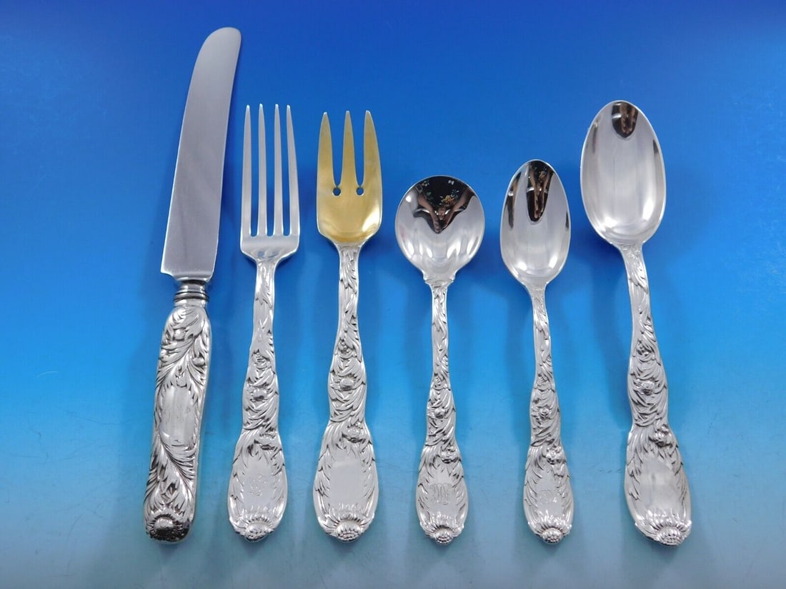 Chrysanthemum by Tiffany & Co Sterling Silver Flatware Set Service 48 pieces: Chrysanthemum by Tiffany & Co Sterling Silver Flatware Set Service 48 pieces Pattern: Chrysanthemum Composition: Sterling Silver Type: Flatware - Sets Style: Art Nouveau Featured Refinements: Tiffany 