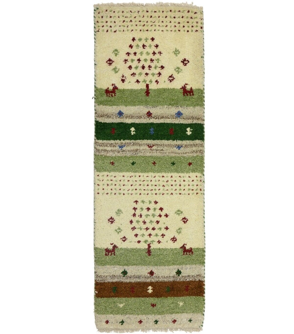 Modern Oriental Rug Multicolored Stripes 1'4X4 Tribal Indo-Gabbeh Plush Carpet: Modern Oriental Rug Multicolored Stripes 1'4X4 Tribal Indo-Gabbeh Plush Carpet Type: Area Rugs Color: Multicolored: Cream Caramel Green Beige etc Size: 14 X 311 Ft" Production Technique: Knotted Mater