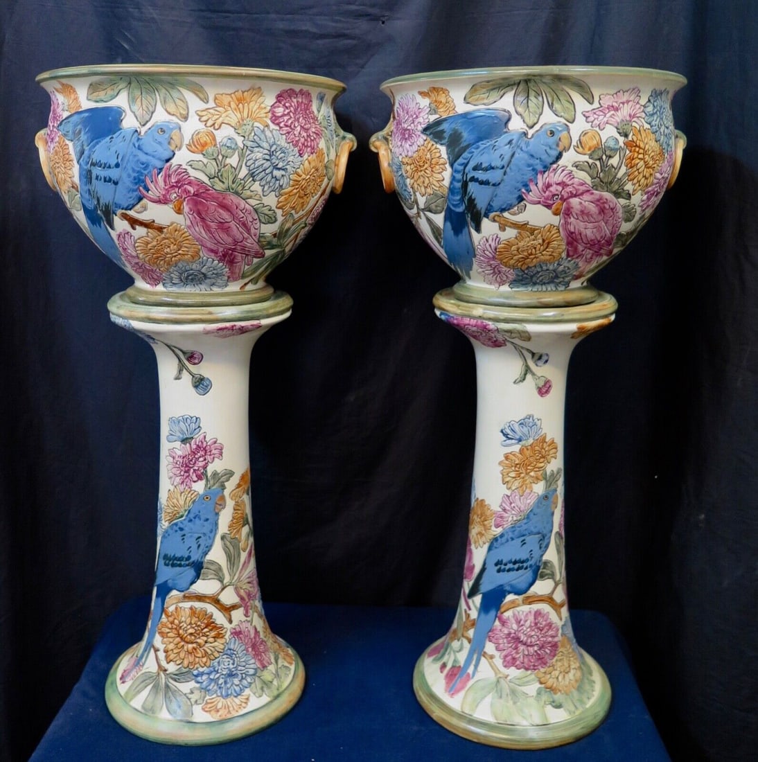 Vintage Pair Early 20th Century Weller Pottery Jardinaires & Pedestals: Vintage Pair Early 20th Century Weller Pottery Jardinaires & Pedestals Production Technique: Pottery Material: Pottery Product Line: Century Style: Art Nouveau Color: Multi-Color Type: Jardinaire & Pe