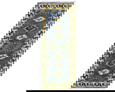 3X6 Foyer Entryway Oriental Rug Handmade Blue Geometric Kazak Carpet 2'6X6'1: 3X6 Foyer Entryway Oriental Rug Handmade Blue Geometric Kazak Carpet 2'6X6'1 Type: Area Rugs Color: Blue Cream Red Pastel Yellow Light Olive etc Size: 26 X 61" Production Technique: Knotted Material: