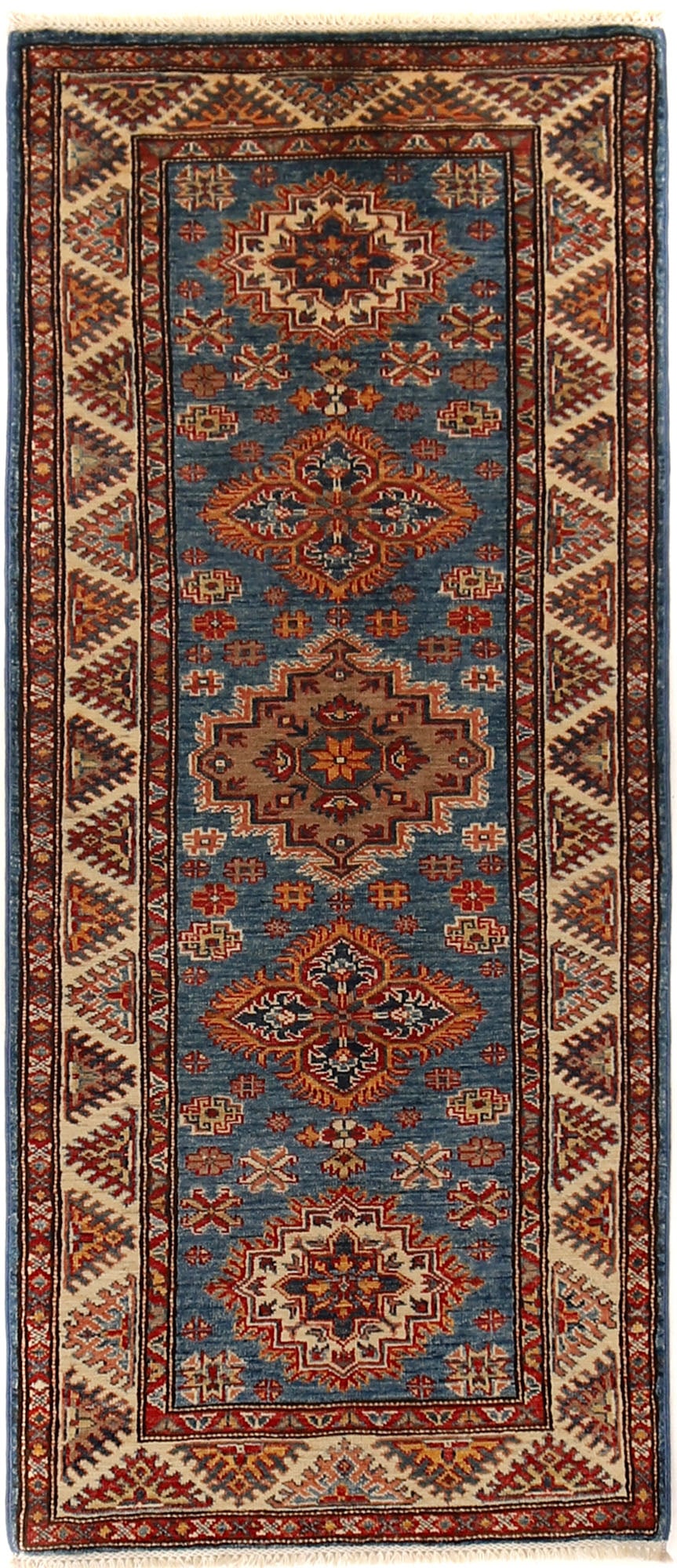 3 x 6 Super Kazak Runner Rug: 3 x 6 Super Kazak Runner Rug Free continental US Shipping Size in Feet: Width: 2.5 x Length: 6.25 Size in Inches: Width: 30 in x Length: 75 in Colors: Blue Weave: Hand-knotted Material: Wool Pattern: