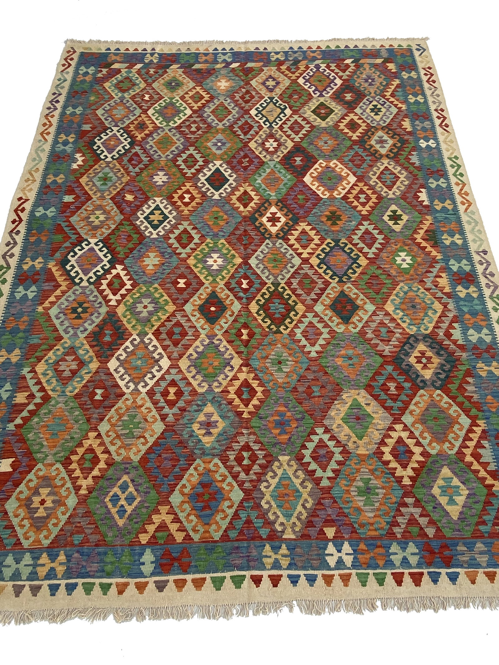 8 x 11 Multi-Color Red Kilim Rug: 8 x 11 Multi-Color Red Kilim Rug Free continental US Shipping Size in Feet: Width: 8 x Length: 11 Size in Inches: Width: 96 in x Length: 132 in Colors: MultiColor Red Ivory Sea Green Weave: 100% Handm