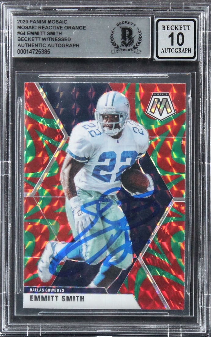 Emmitt Smith Signed 2020 Panini Mosaic Reactive Orange #64 Card Auto 10 BAS Slab: Emmitt Smith Signed 2020 Panini Mosaic Reactive Orange #64 Card Auto 10 BAS Slab Sport: Football-NFL League: NFL Team: Dallas Cowboys Graded: Yes Product Coa: Beckett Product Signed By Name: Emmitt Sm