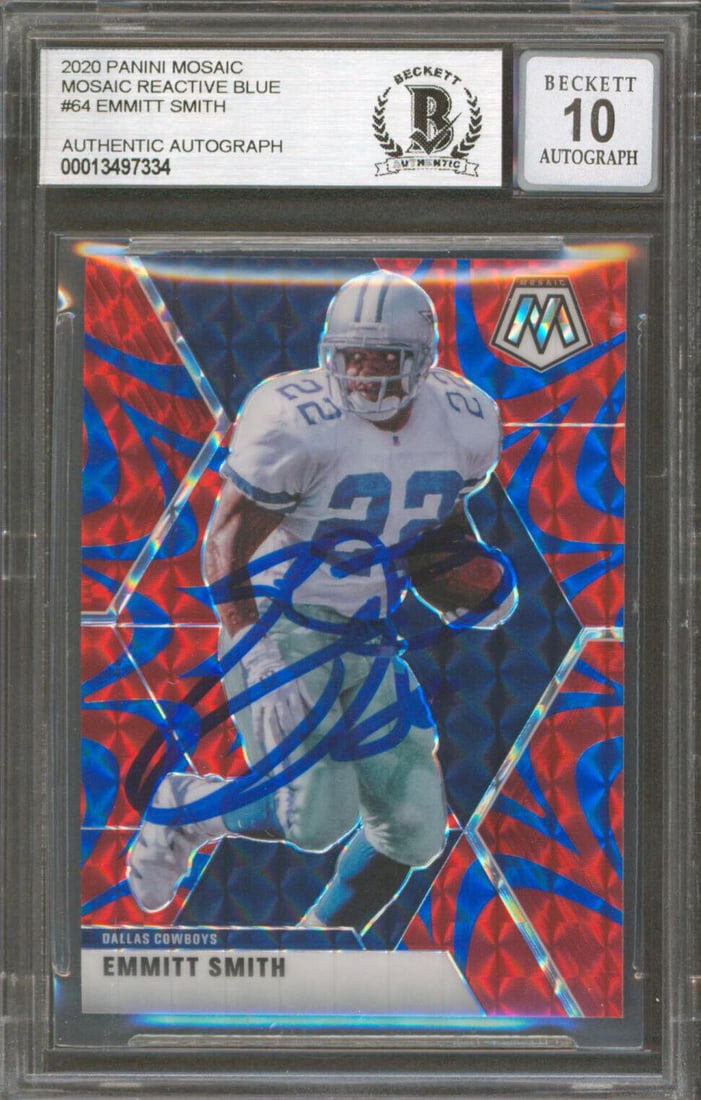Cowboys Emmitt Smith Signed 2020 Panini Mosaic Reactive Blue 64 Auto 10 BAS Slab: Cowboys Emmitt Smith Signed 2020 Panini Mosaic Reactive Blue 64 Auto 10 BAS Slab Sport: Football-NFL League: NFL Team: Dallas Cowboys Graded: Yes Product Coa: Beckett Product Signed By Name: Emmitt Sm
