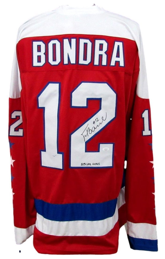 Peter Bondra Autographed/Inscribed Red Custom Hockey Jersey Capitals JSA: Peter Bondra Autographed/Inscribed Red Custom Hockey Jersey Capitals JSA Sport: Hockey Product: Jersey Original/Reprint: Original Team: Washington Capitals Autograph Authentication: JSA League: NHL Pr