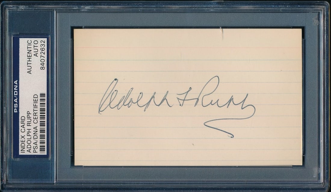 Adolph Rupp Signed Index Card University of Kentucky PSA/DNA 184101: Adolph Rupp Signed Index Card University of Kentucky PSA/DNA 184101 Original/Reprint: Original Player: Adolph Rupp Product: Index Card Sport: Basketball Productname: Darrell Johnson Signed 1957 Topps 
