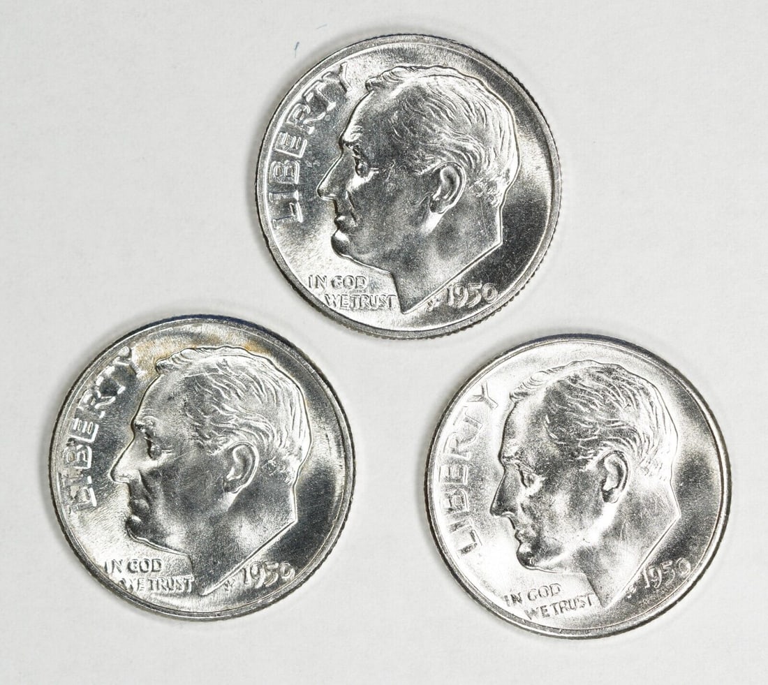 1950 P/D/S ROOSEVELT DIMES 10C GEM BU BRILLIANT UNCIRCULATED 3 COIN SET: 1950 P/D/S ROOSEVELT DIMES 10C GEM BU BRILLIANT UNCIRCULATED 3 COIN SETCirculated/Uncirculated: UncirculatedDenomination: DimeComposition: SilverYear: 1950Mint Location: PHILADELPHIA / DENVER / SAN FR