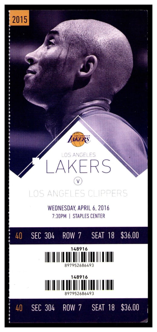 2016 Lakers v Clippers Full Ticket 4/6 Kobe Bryant Last Season 85522: 2016 Lakers v Clippers Full Ticket 4/6 Kobe Bryant Last Season 85522 Team-Basketball: Los Angeles Lakers Sport: Basketball Player: Kobe Bryant Year: 2015-16 Original/Reproduction: Original Grade: Ungr