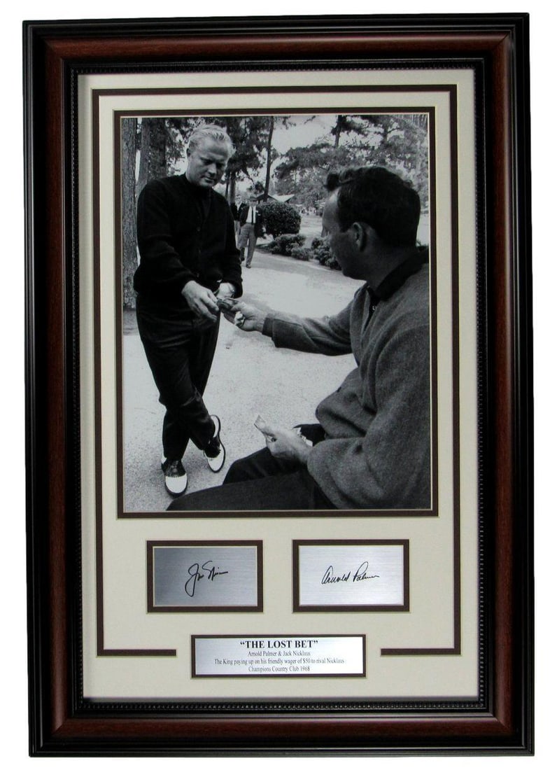 Jack Nicklaus/ Arnold Palmer "The Lost Bet" 11x14 Framed Photo w/Laser Engraved: Jack Nicklaus/ Arnold Palmer "The Lost Bet" 11x14 Framed Photo w/Laser Engraved Sport: Golf-PGA Product: Photo Original/Reprint: Original Pre-Owned While the lot images are representative of the item,