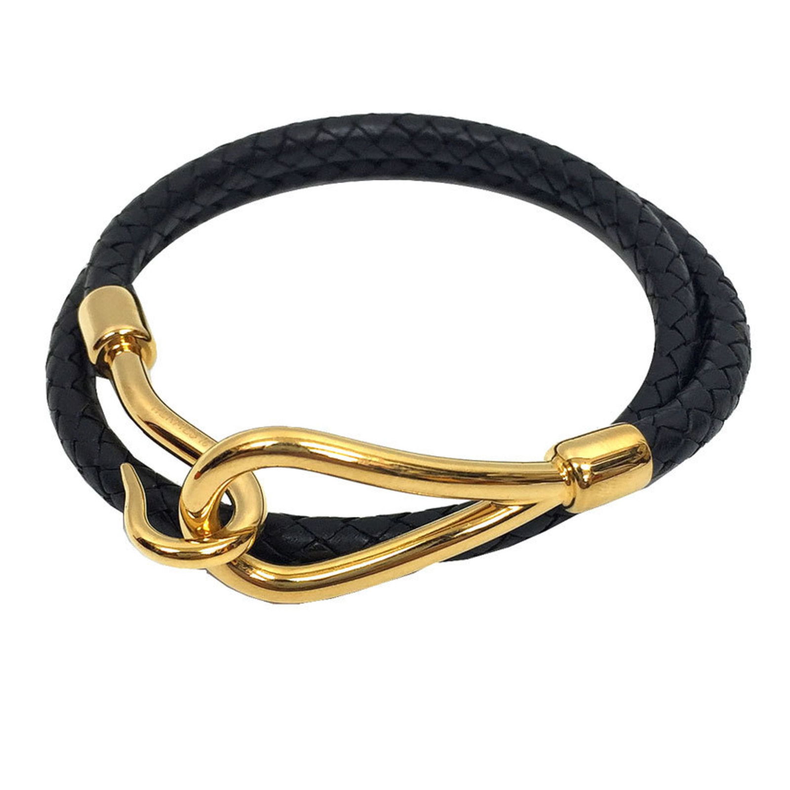 HERMES Jumbo Bracelet Leather Choker Braided Intrecciato Tresse Black x Hermes: HERMES Jumbo Bracelet Leather Choker Braided Intrecciato Tresse Black x Hermes Brand: Hermes Line: Jumbo Type: Charm bracelet Gender: Men Women Material: Leather Color: Black Gold Total Length: 38cm /