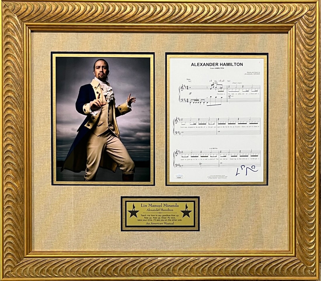 LIN MANUEL MIRANDA (Broadway/Hamilton) signed sheet music framed display-JSA: LIN MANUEL MIRANDA (Broadway/Hamilton) signed sheet music framed display-JSA Industry: Theater Signed By: Lin Manuel Miranda Signed: Yes Autograph Authentication: James Spence (JSA) Object Type: Sheet