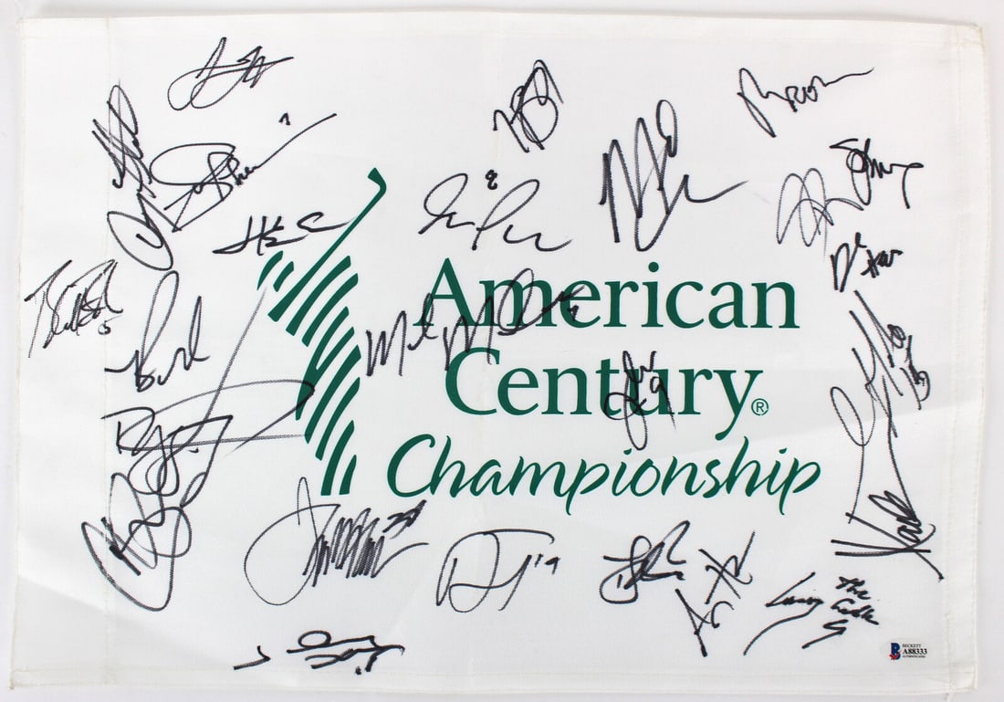 American Century (24) Goff Webber Davis Allen Signed Pin Flag BAS #A88333: American Century (24) Goff Webber Davis Allen Signed Pin Flag BAS #A88333 Sport: Golf-PGA Product: Flag Original/Reprint: Original Player: Jared Goff Doug Flutie Joe Theismann Herm Edwards Blake Bortl