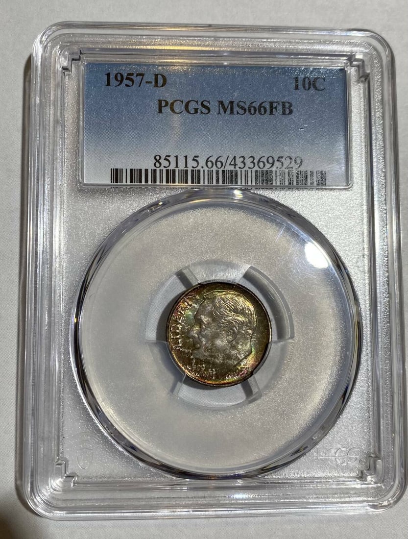 1957 D Dimes Roosevelt PCGS MS-66 FB priced for color: 1957 D Dimes Roosevelt PCGS MS-66 FB priced for color Certification: PCGS Composition: Silver Grade: MS-66 Year: 1957 Circulated/Uncirculated: Uncirculated Strike Type: MS Mint Location: Denver Countr