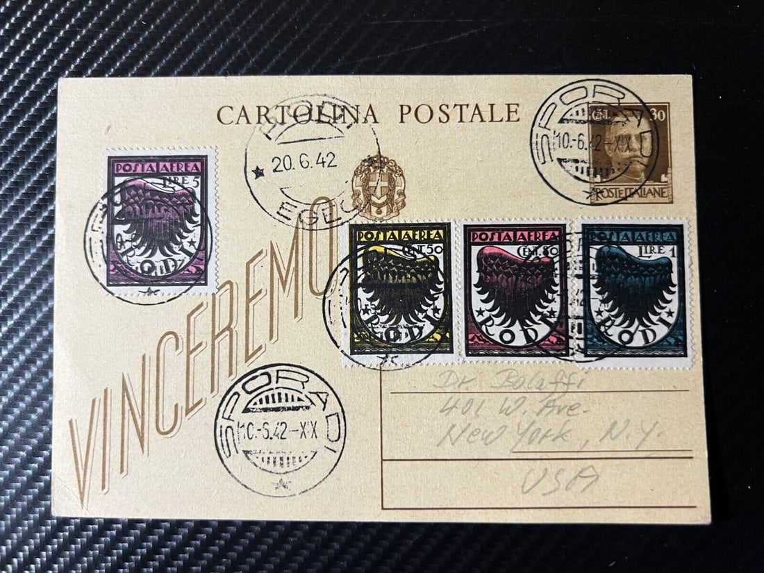 1942 Italy Postcard Cover Sporadi Rodi Islands to New York NY USA Vinceremo (1 of 2)