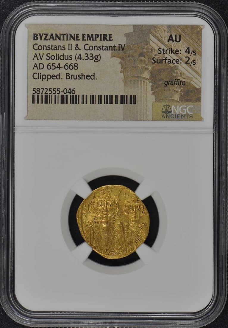Constans II & Constant.IV BYZANTINE EMPIRE AV Solidus NGC AU50: Constans II & Constant.IV BYZANTINE EMPIRE AV Solidus NGC AU50 Certification: NGC Certification Number: 5872555046 Grade: AU50 Pre-Owned The MYNT Guarantee: All items in this auction are guaranteed to