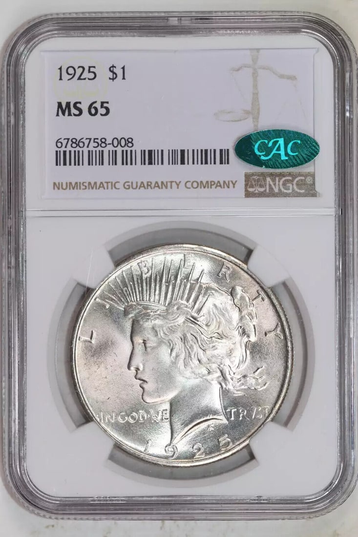 1925 PEACE DOLLAR NGC MS65 CAC - VERY PQ!: 1925 PEACE DOLLAR NGC MS65 CAC - VERY PQ! Certification: NGC and CAC Composition: Silver Grade: MS 65 Year: 1925 Circulated/Uncirculated: Uncirculated Mint Location: Philadelphia Km Number: Unknown Ce