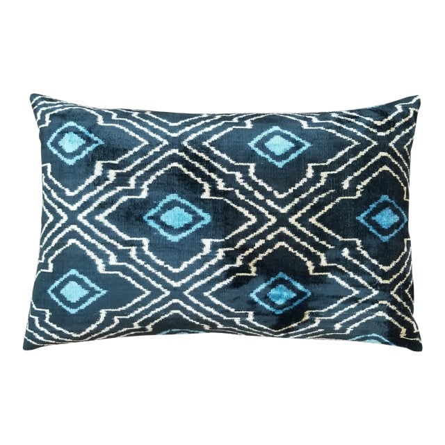 Silk Uzbek Ikat Velvet Hand Made Pillow Cushion 16x24: Silk Uzbek Ikat Velvet Hand Made Pillow Cushion 16x24 Silk Uzbek Ikat Velvet Hand Made Pillow Cushion with natural linen backing and hidden zipper. 10/90 down feather insert is included. Dimensions: 2