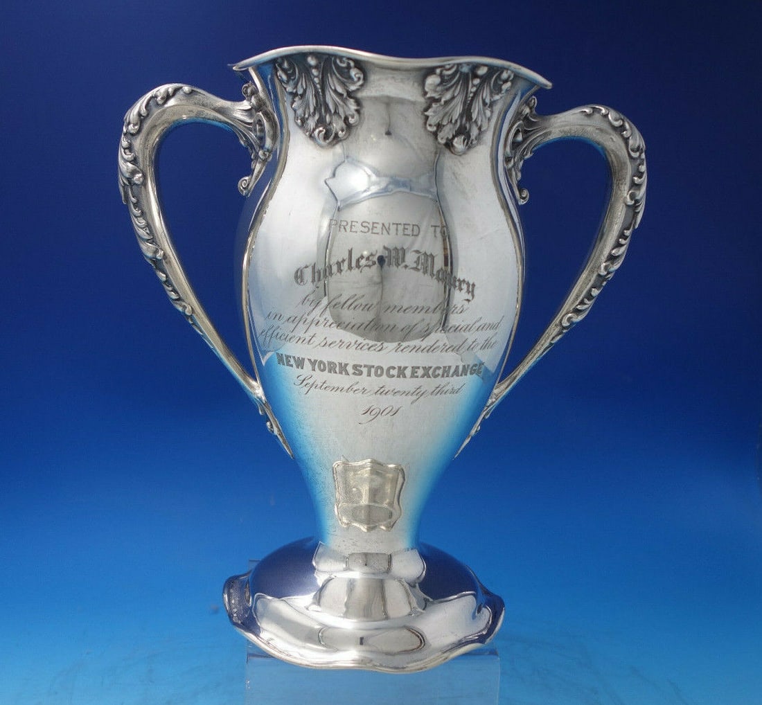 Sterling Silver New York Stock Exchange Trophy w/handles dated 1901 11": Sterling Silver New York Stock Exchange Trophy w/handles dated 1901 11" Type: Trophy Composition: Sterling Silver Age: 1900-1940 New york stock exchangeimpressive sterling silver trophy with acanthus 