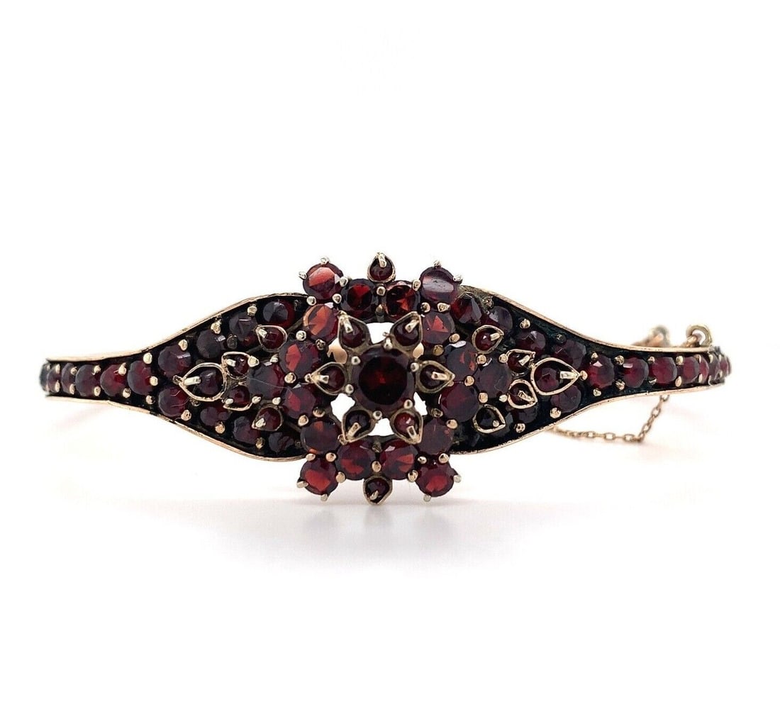 Genuine Natural Bohemian Garnet Rosette Bangle Bracelet: Genuine Natural Bohemian Garnet Rosette Bangle Bracelet Style: Bangle Base Metal: Brass Material: Metal Type: Bracelet Antique: Yes Main Stone Color: Red Color: Red Main Stone: Garnet Metal: Brass All