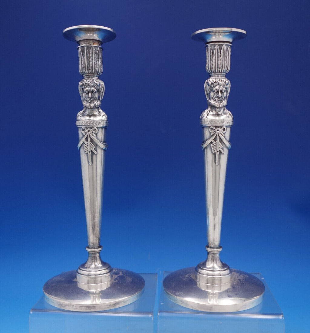 German Silver Candlesticks Pair Figural Bacchus Ribbon Swags Vintage
