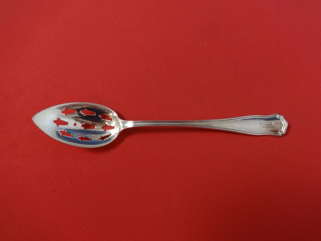 Dolores by Shreve Sterling Silver Olive Spoon Original Pierced 6 1/8" Heirloom: Dolores by Shreve Sterling Silver Olive Spoon Original Pierced 6 1/8" Heirloom Age: 1900-1940 Type: Serving Spoon Composition: Sterling Silver Maker: Shreve Pattern: Dolores Featured Refinements: Ster
