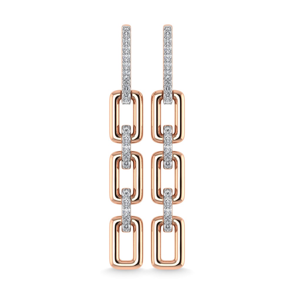 Diamond 1/6 Ct.Tw. Danglers Earrings in 10K Rose Gold: Diamond 1/6 Ct.Tw. Danglers Earrings in 10K Rose Gold Metal: 10k Rose Gold Stone Count: 40.0 Stone Shape: Round Stone Type: Diamond Stone Color: G-h Stone Clarity: I1 Stone Weight (Carat): 0.168 The M
