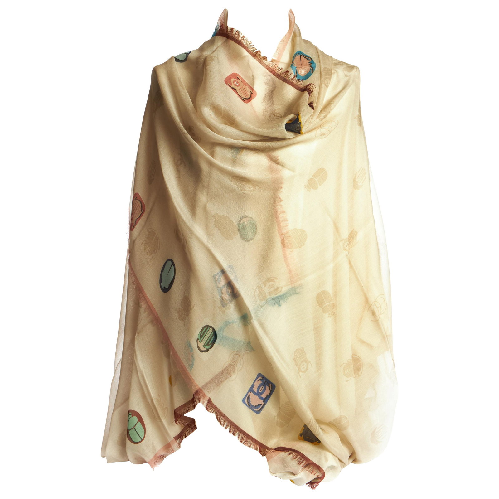 New Chanel Cream Beetles Cashmere Shawl Scarf: New Chanel Cream Beetles Cashmere Shawl Scarf Designer: Chanel Brand: Chanel Dimensions: Width: 52 in (132.08 cm)Length: 72 in (182.88 cm) Place of Origin: Italy Period: 21st Century Pre-Owned The Myn