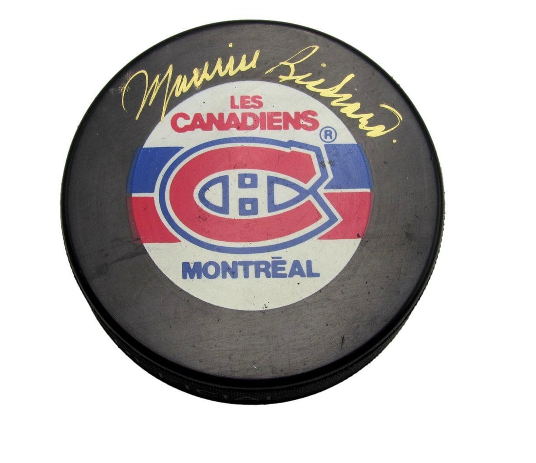 Maurice Richard HOF Autographed Montreal Canadiens Hockey Puck JSA 180695: Maurice Richard HOF Autographed Montreal Canadiens Hockey Puck JSA 180695 Sport: Hockey Product: Puck Original/Reprint: Original Team: Montreal Canadiens Autograph Authentication: JSA League: NFL Pre-
