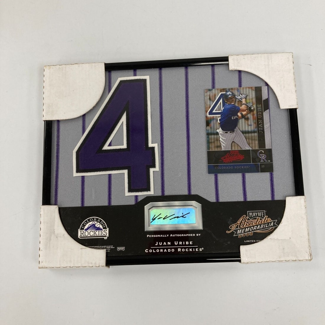 2002 Playoff Absolute Memorabilia Juan Uribe Auto Patch Framed Display Rockies: 2002 Playoff Absolute Memorabilia Juan Uribe Auto Patch Framed Display Rockies Type: Sports Trading Card Sport: Baseball Pre-Owned While the lot images are representative of the item, the size, placem