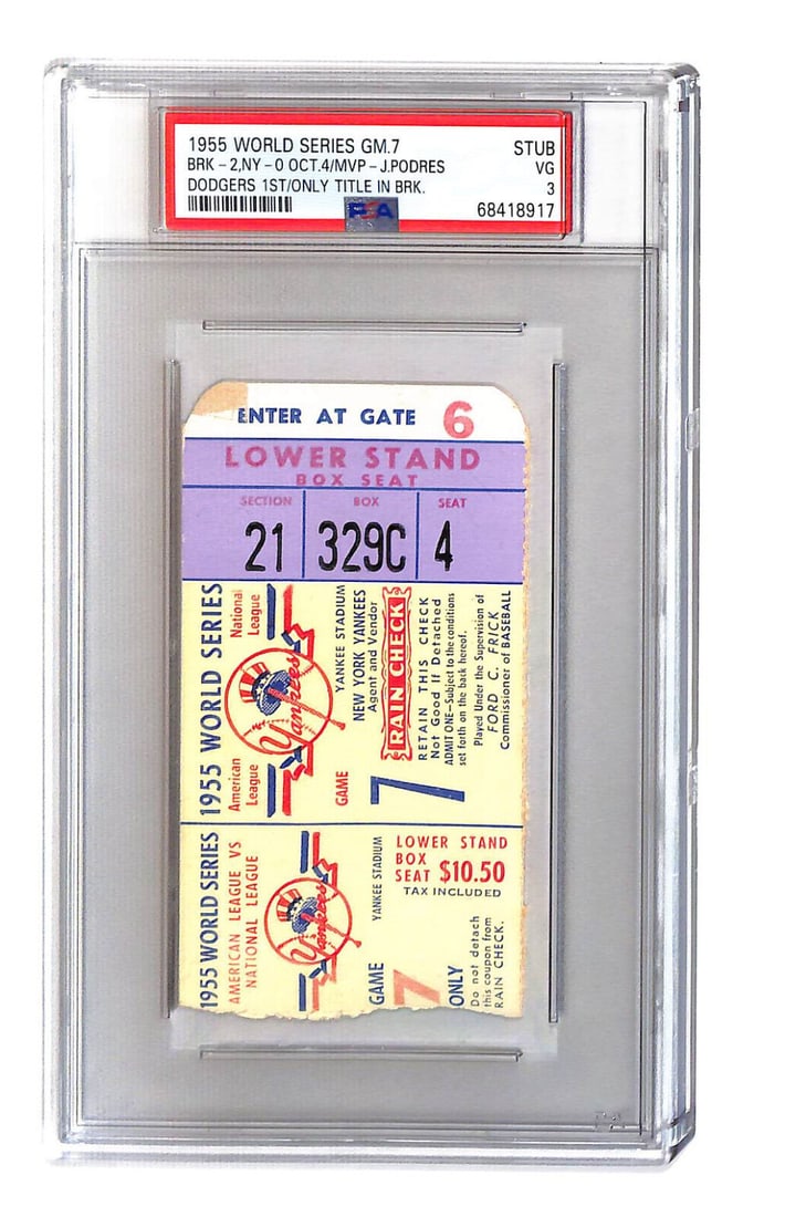 1955 World Series Ticket Game 7 Brooklyn Dodgers Clinch 1st Title PSA 3 68418917: 1955 World Series Ticket Game 7 Brooklyn Dodgers Clinch 1st Title PSA 3 68418917 Sport: Baseball Year: 1955 Original/Reproduction: Original Team: Brooklyn Dodgers Country/Region of Manufacture: United