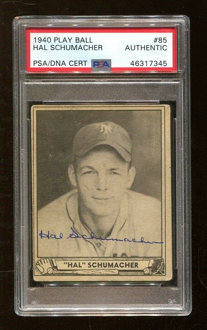 Hal Schumacher Signed 1940 Play Ball Autographed Giants PSA/DNA: Hal Schumacher Signed 1940 Play Ball Autographed Giants PSA/DNA Sport: Baseball-MLB Product: Card Original/Reprint: Original Player: Hal Schumacher Autograph Authentication: Professional Sports (PSA/D