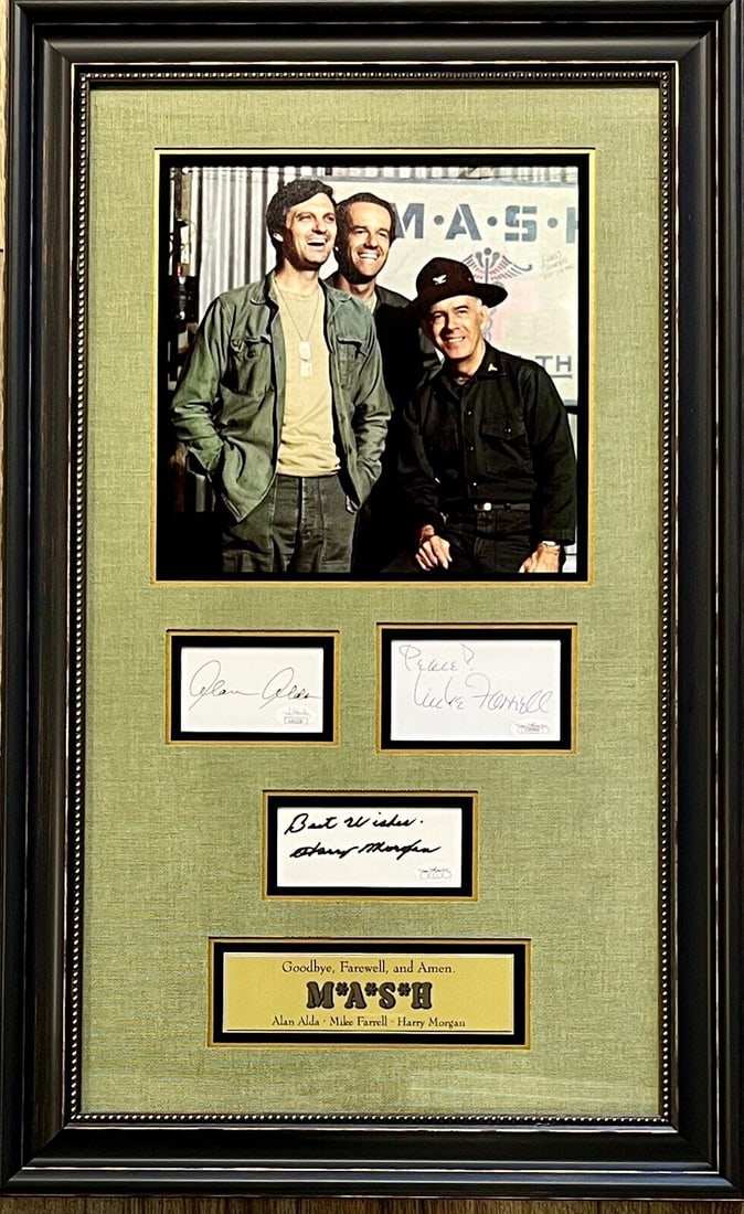 M*A*S*H (Alda/Farrell/Morgan) signed custom framed display-JSA: M*A*S*H (Alda/Farrell/Morgan) signed custom framed display-JSA Industry: Television Signed By: Alan Alda/Mike Farrell/Harry Morgan Signed: Yes Autograph Authentication: James Spence (JSA) Object Type: