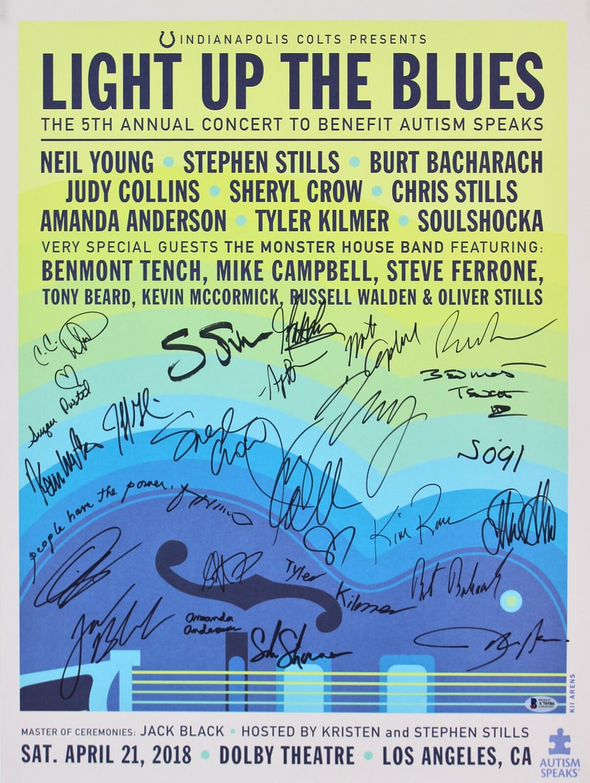 Light Up The Blues (26) Young Stills Beck +23 Autism Speaks Poster BAS #A70586: Light Up The Blues (26) Young Stills Beck +23 Autism Speaks Poster BAS #A70586 Autograph Authentication: BAS Product Coa: BAS Product Signed By Name: Neil Young Jack Black Beck Benmont Tench Sheryl Cr