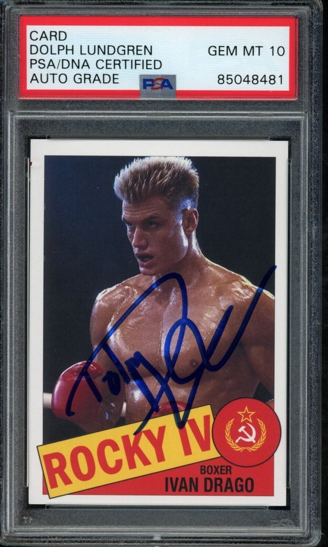 Dolph Lundgren Autographed Rocky IV 1985 Topps Style Card PSA/DNA GEM MINT 10: Dolph Lundgren Autographed Rocky IV 1985 Topps Style Card PSA/DNA GEM MINT 10 Industry: Movies Original/Reproduction: Original Sport: Entertainment Product: Photo Original/Reprint: Original Signed: YE
