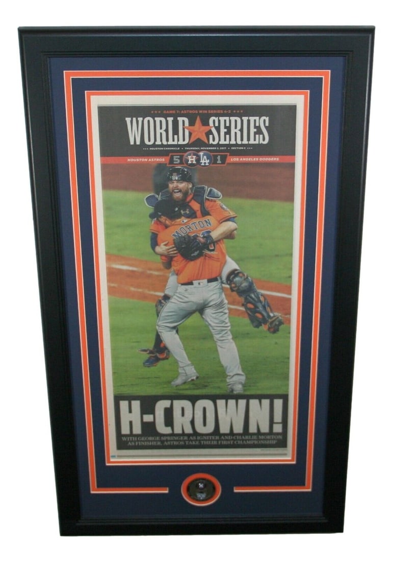 2017 World Series Houston Astros Champions Framed Chronicle Front Page Newspaper: 2017 World Series Houston Astros Champions Framed Chronicle Front Page Newspaper Player: Charlie Morton Brian McCann Pre & Post Season: World Series Color: Multi-Color Product: Newspaper Team: Houston
