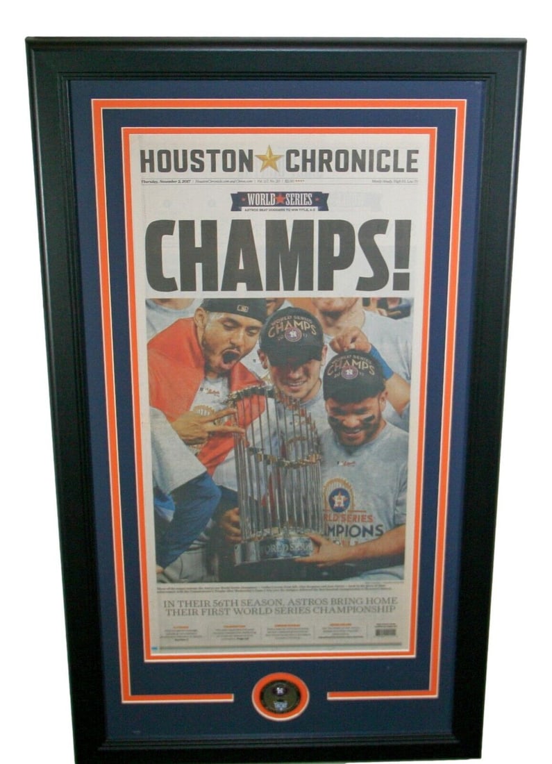 2017 World Series Houston Astros Champions Framed Chronicle Newspaper 92638: 2017 World Series Houston Astros Champions Framed Chronicle Newspaper 92638 Player: Jose Altuve, Carlos Correa, Alex Bregman Pre & Post Season: World Series Color: Multi-Color Product: Newspaper Team: