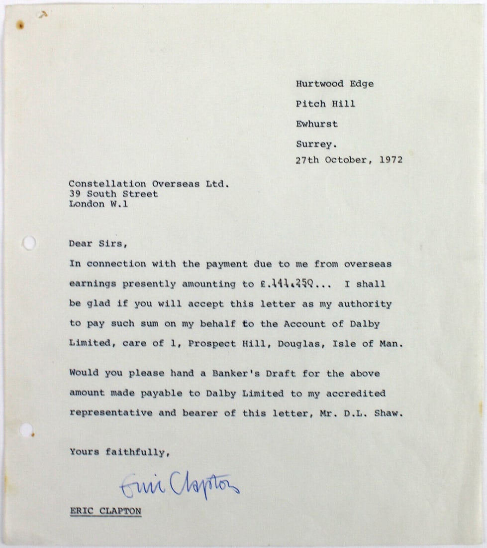 Eric Clapton Signed 8x9 Letter Dated October 27 1972 BAS #A57044: Eric Clapton Signed 8x9 Letter Dated October 27 1972 BAS #A57044 Industry: Music Original/Reproduction: Original Autograph Authentication: BAS Product Coa: BAS Product Signed By Name: Eric Clapton Pre