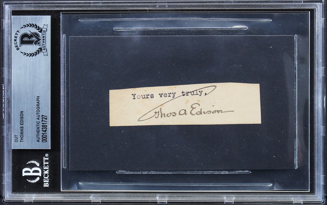 Thomas Edison Signed .85x3.25 Cut Signature Autographed BAS Slabbed: Thomas Edison Signed .85x3.25 Cut Signature Autographed BAS Slabbed Autograph Authentication: Beckett Original/Reproduction: Original Product Coa: Beckett Product Signed By Name: Thomas Edison Pre-Own
