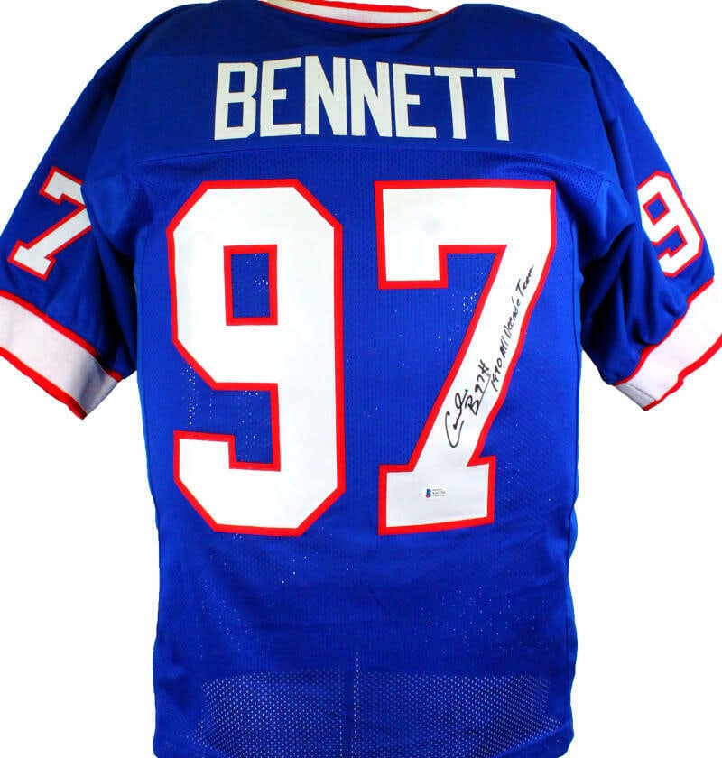 Cornelius Bennett Autographed Blue Pro Style Jersey w/Insc.-Beckett *Black: Cornelius Bennett Autographed Blue Pro Style Jersey w/Insc.-Beckett *Black Sport: Football Product: Jersey Original/Reprint: Original Player: Cornelius Bennett Autograph Authentication: Beckett Authen