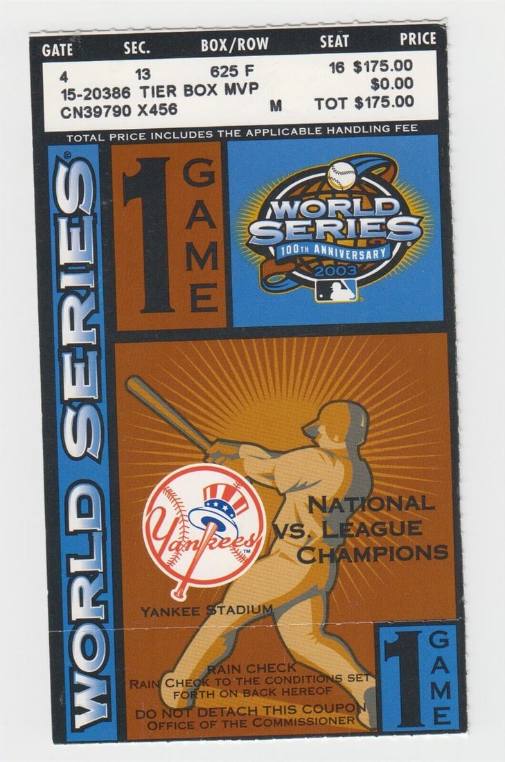 2003 World Series Ticket Game 1 New York Yankees v Florida Marlins NMT 53028: 2003 World Series Ticket Game 1 New York Yankees v Florida Marlins NMT 53028 Sport: Baseball Product Type: Ticket Stub Product: Tickets Pre-Owned While the lot images are representative of the item, t