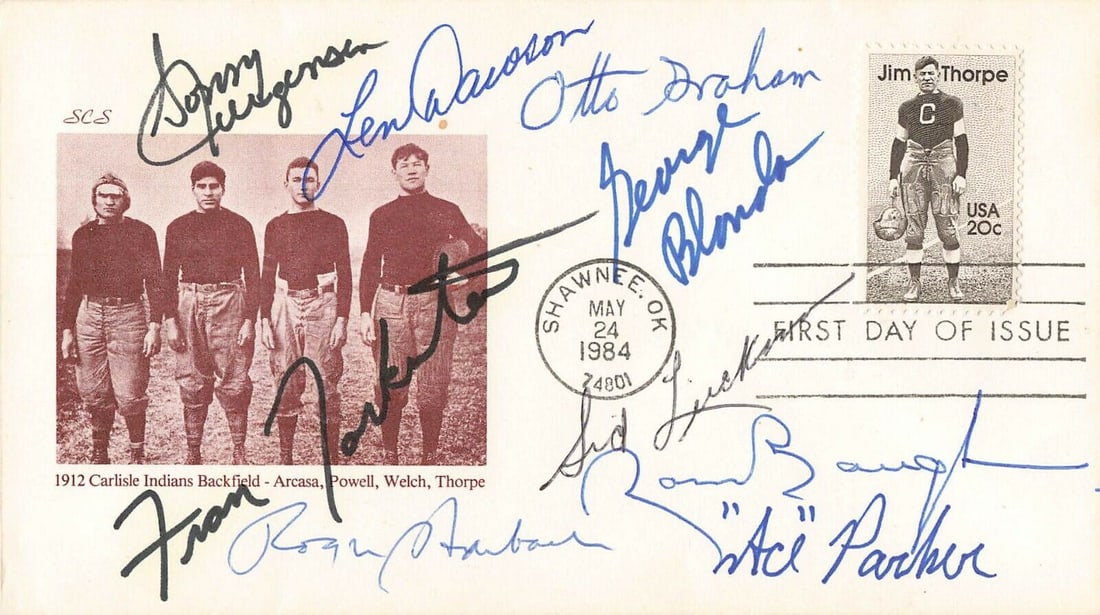 FDC signed by 9 Hall of Famers- QB's-STAUBACH/GRAHAM/DAWSON/PARKER-JSA Letter: FDC signed by 9 Hall of Famers- QB's-STAUBACH/GRAHAM/DAWSON/PARKER-JSA Letter Product: FDC Player: Roger Staubach Sport: Football-NFL Autograph Authentication: James Spence (JSA) Signed: Yes Team: Chi
