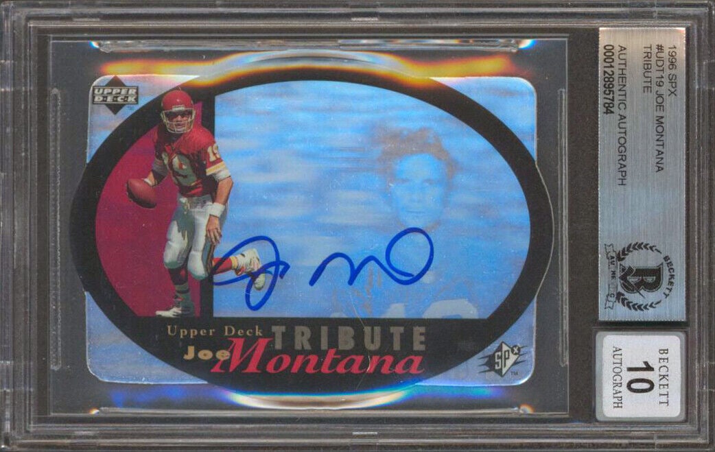 Chiefs Joe Montana Signed 1996 SPX #UDT19 Tribute Card Auto 10! BAS Slabbed: Chiefs Joe Montana Signed 1996 SPX #UDT19 Tribute Card Auto 10! BAS Slabbed Sport: Football League: NFL Team: Kansas City Chiefs Graded: Yes Product Coa: Beckett Product Signed By Name: Joe Montana Pr
