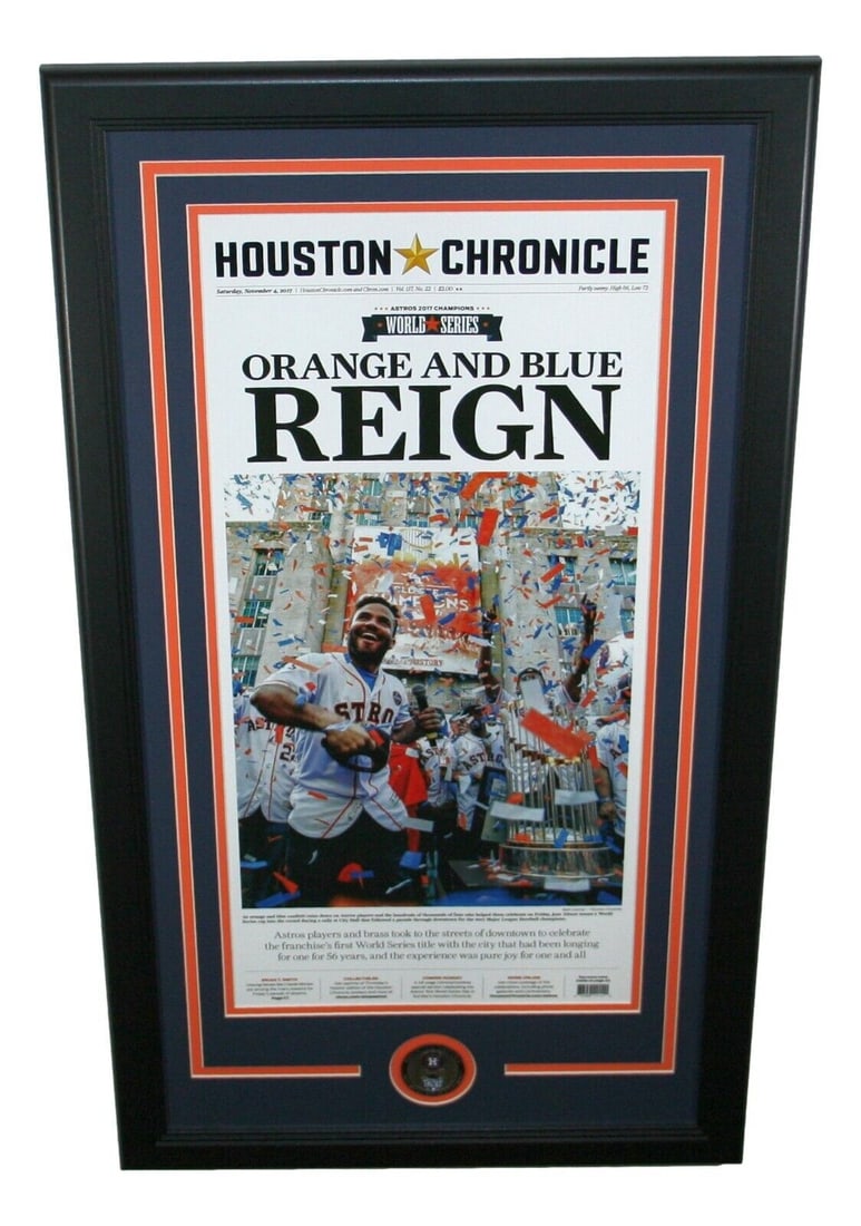 2017 World Series Houston Astros Champions Framed Chronicle Front Page Newspaper: 2017 World Series Houston Astros Champions Framed Chronicle Front Page Newspaper Player: Jose Altuve Pre & Post Season: World Series Color: Multi-Color Product: Newspaper Team: Houston Astros Pre-Owne