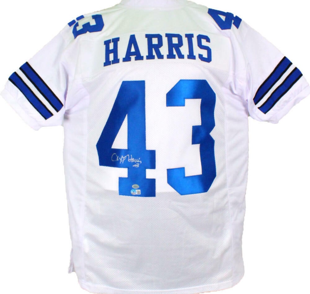 Cliff Harris Autographed White Pro Style Jersey-Beckett Hologram *Silver: Cliff Harris Autographed White Pro Style Jersey-Beckett Hologram *Silver Sport: Football Product: Jersey Original/Reprint: Original Player: Cliff Harris Team: Dallas Cowboys Autograph Authentication: 